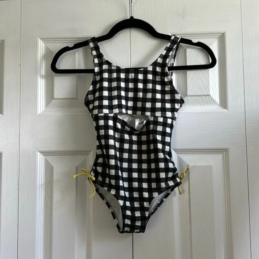 Art Class Gingham One Piece Swimsuit Yellow Accents Cross-Back size 6X